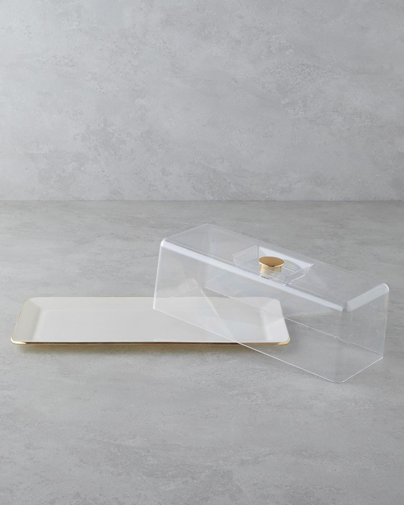 Lustre Cam Kapaklı Kek Standı 36,5x17,5 cm Krem-Gold