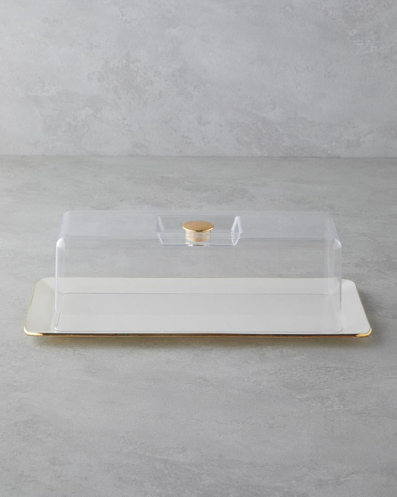 Lustre Cam Kapaklı Kek Standı 36,5x17,5 cm Krem-Gold