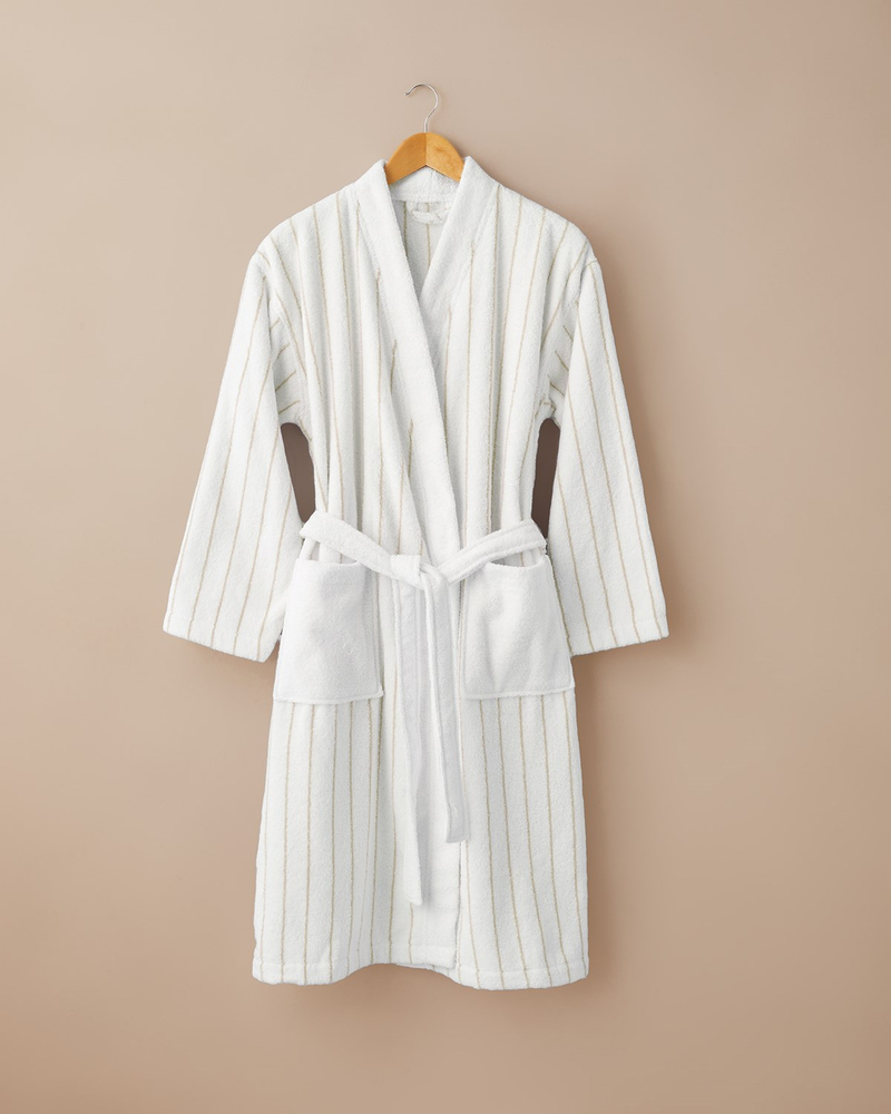 Mono Stripe %100 Pamuk Bornoz L-XL Beyaz - Bej