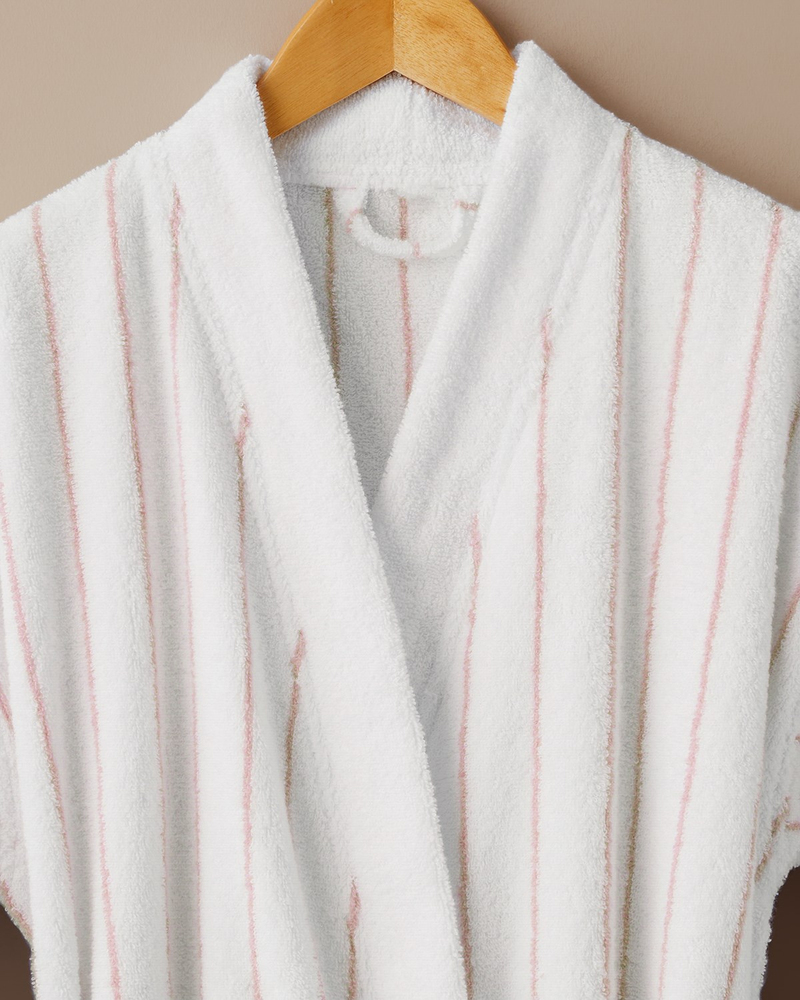 Mono Stripe %100 Pamuk Bornoz L-XL Beyaz - Pembe