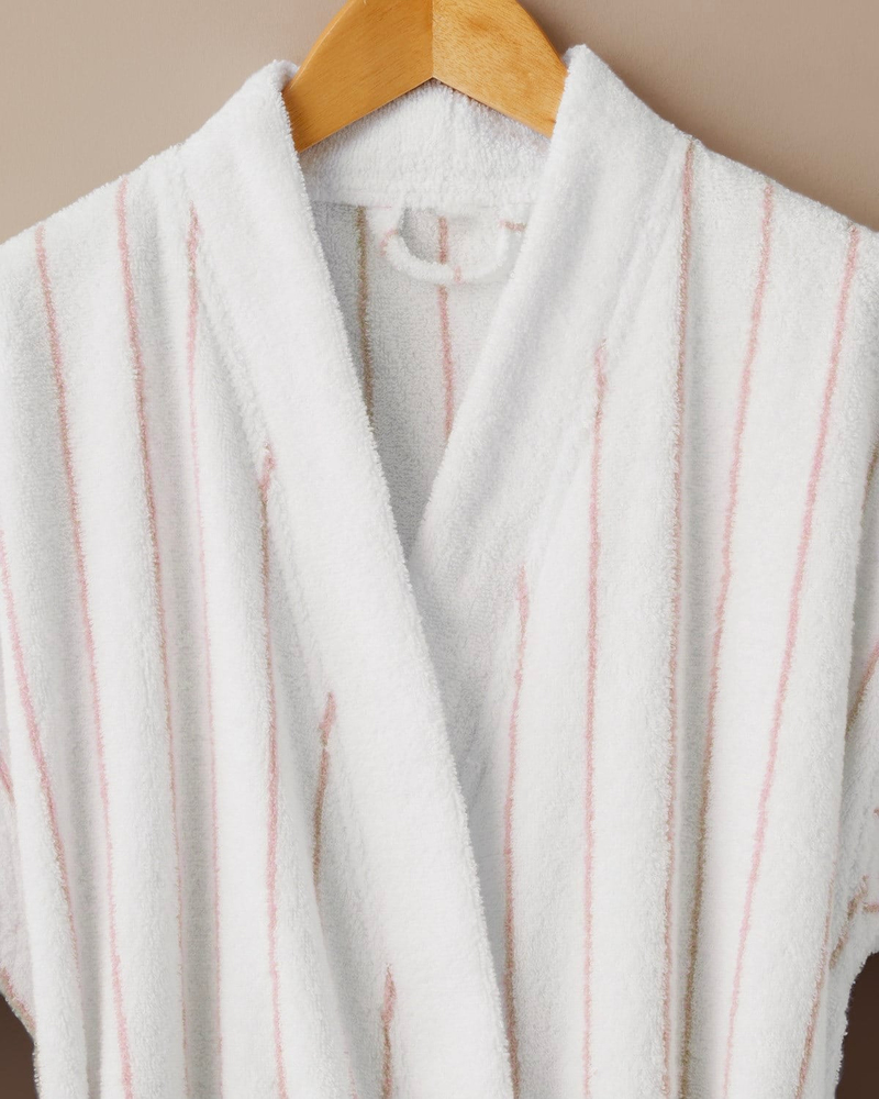 Mono Stripe Pamuk Bornoz S-M Beyaz - Pembe