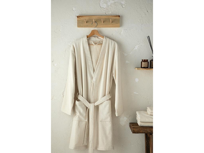 Natural Pamuk Keten Kimono Bornoz Bej
