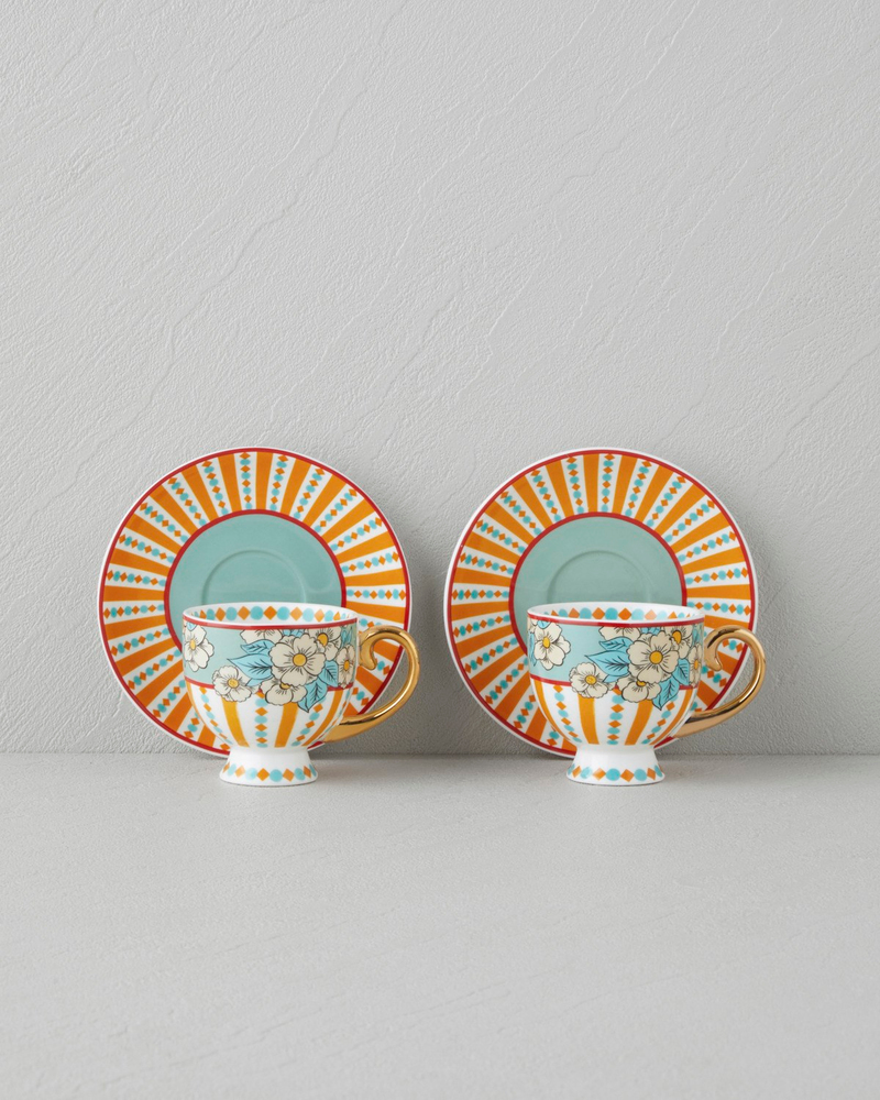 Nostalgic Grace New Bone China 4 Parça 2 Kişilik Kahve Fincan Takımı 100 ml Sarı - Mavi