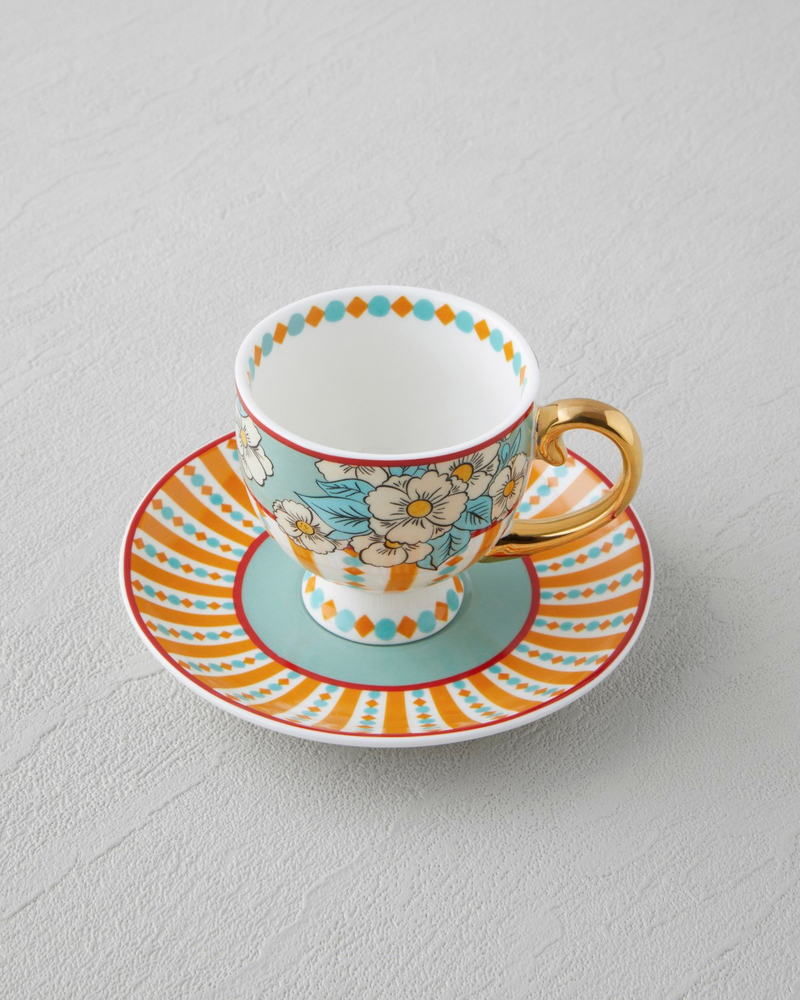 Nostalgic Grace New Bone China 4 Parça 2 Kişilik Kahve Fincan Takımı 100 ml Sarı - Mavi