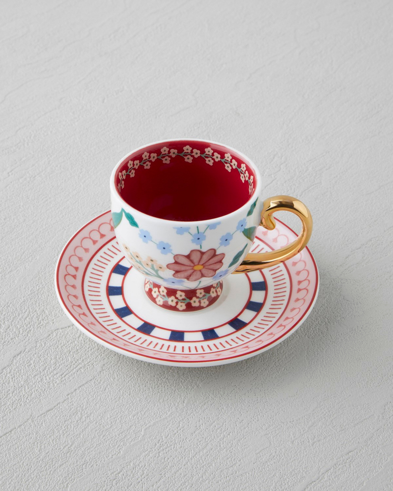 Nostalgic Wildflower New Bone China 4 Parça 2 Kişilik Kahve Fincan Takımı 100 ml Mavi – Bordo