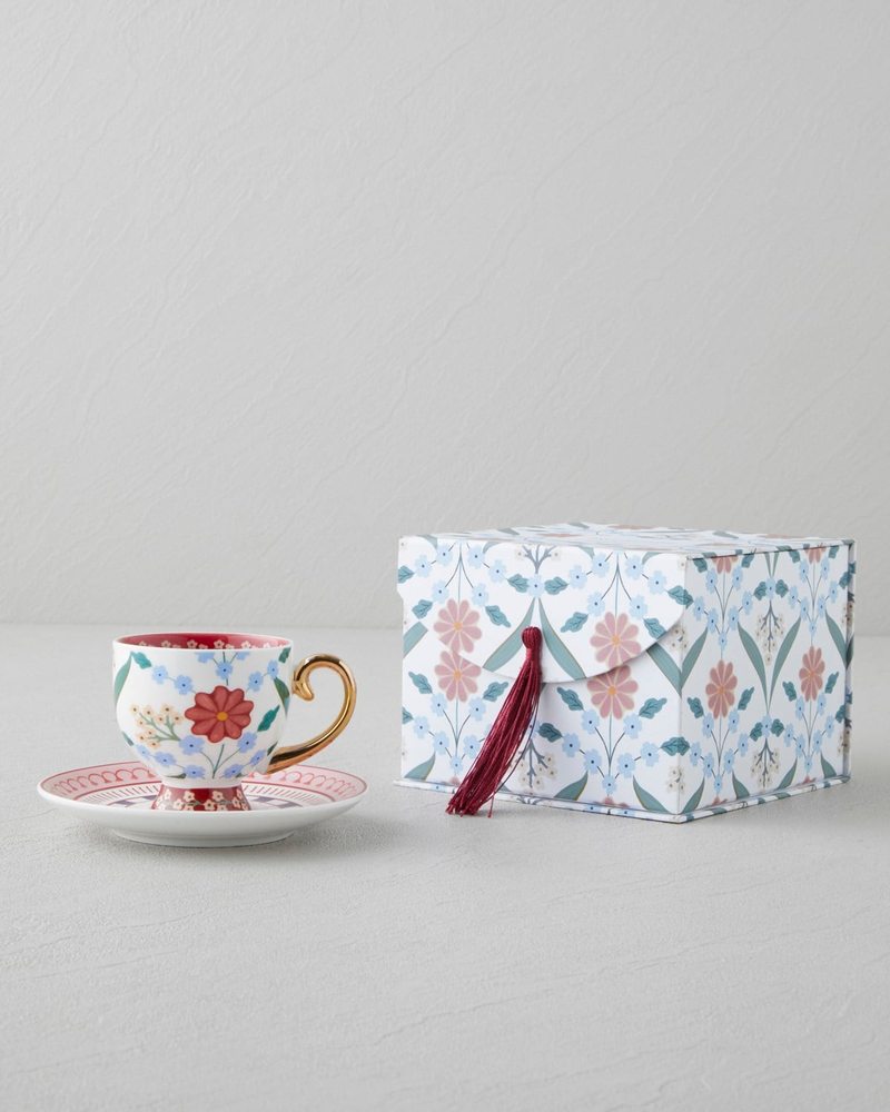 Nostalgic Wildflower New Bone China 4 Parça 2 Kişilik Kahve Fincan Takımı 100 ml Mavi – Bordo