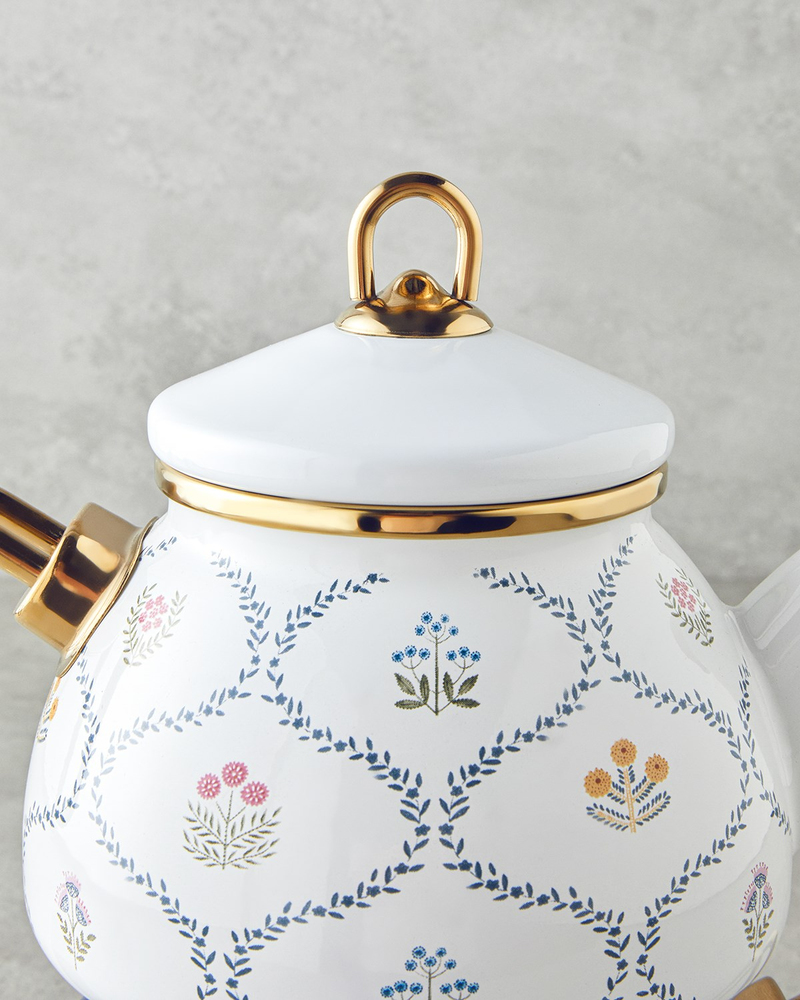Ornate Retro Emaye Çaydanlık 1,1 Litre + 2,3 Litre Mavi