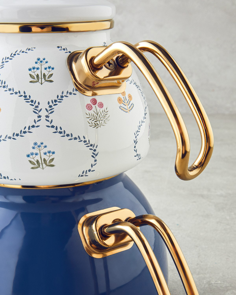 Ornate Retro Emaye Çaydanlık 1,1 Litre + 2,3 Litre Mavi
