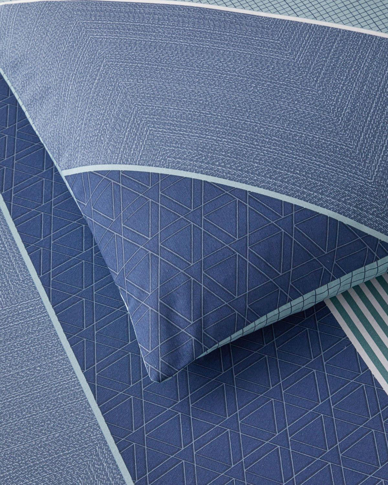 Parallel Patch Kolay Ütülenir Tek Kişilik Nevresim Takımı 160x220 cm Koyu Mavi-Seledon