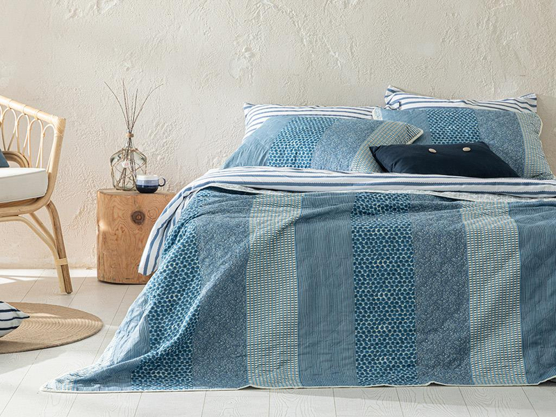 Patchy Stripe Patchwork Çok Amaçlı Çift Kişilik Yatak Örtüsü Takımı Mavi