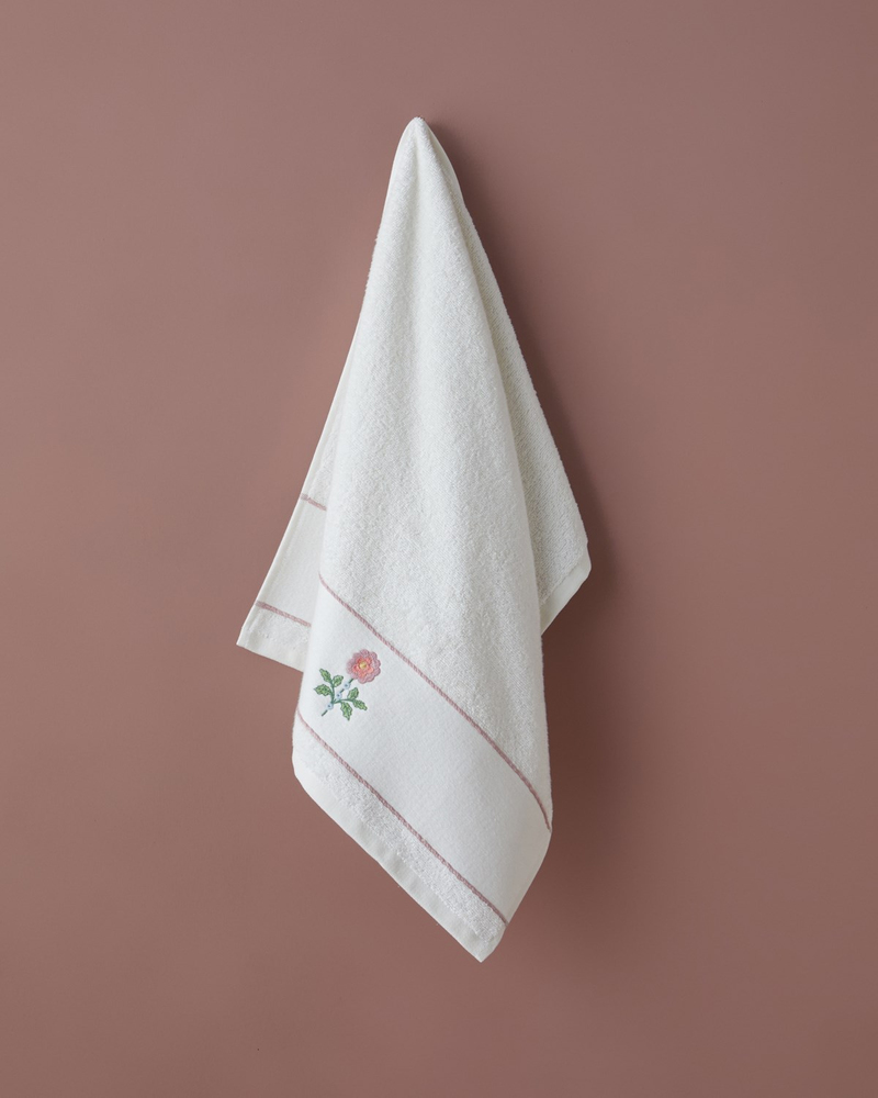 Petal Bloom Pamuk Nakışlı Yüz Havlusu 50x90 cm Beyaz