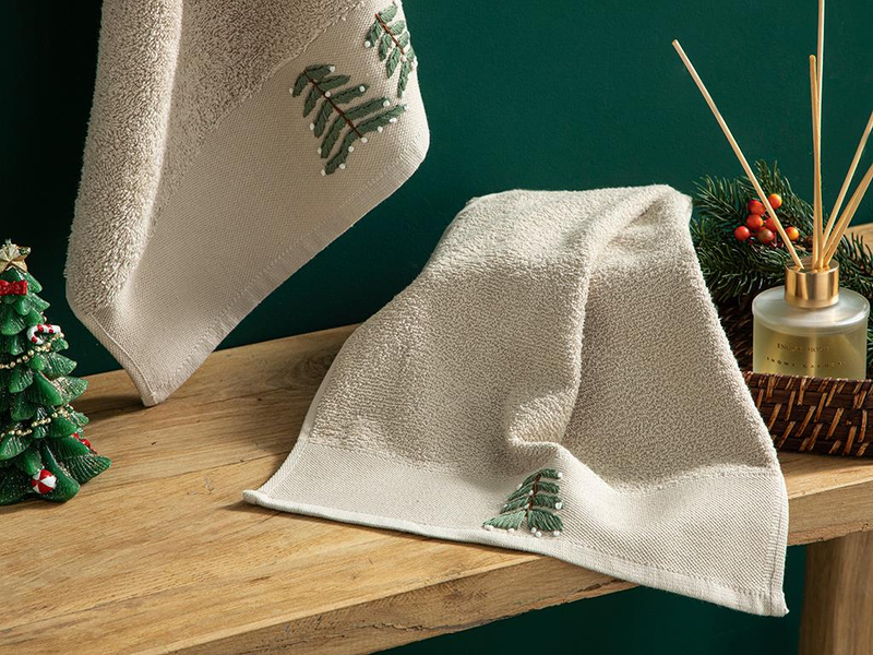 Pine Pamuklu Nakışlı El Havlusu Bej