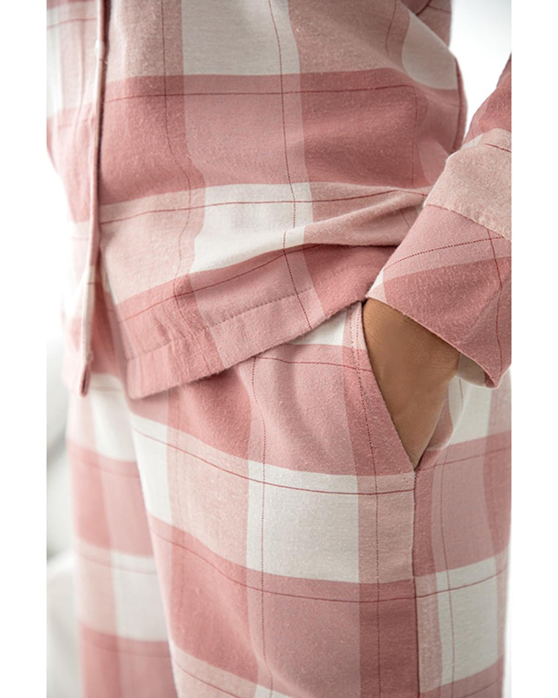 Pink Plaid Flanel Kadın Pijama Takımı M Pembe