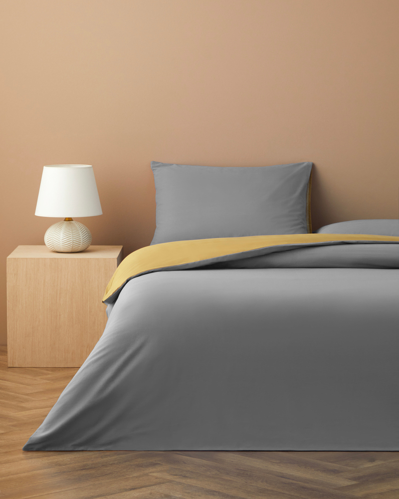 Plain Pamuk Çift Kişilik Nevresim Takımı 200x220 cm Gri-Sarı