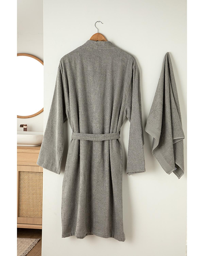 Plain Pamuklu Set Bornoz Seti S-M Koyu Gri