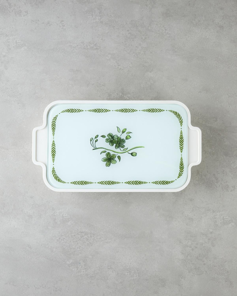 Plantopia Melamin 6'lı Cam Kapaklı Kahvaltılık 39x21 cm Beyaz - Yeşil