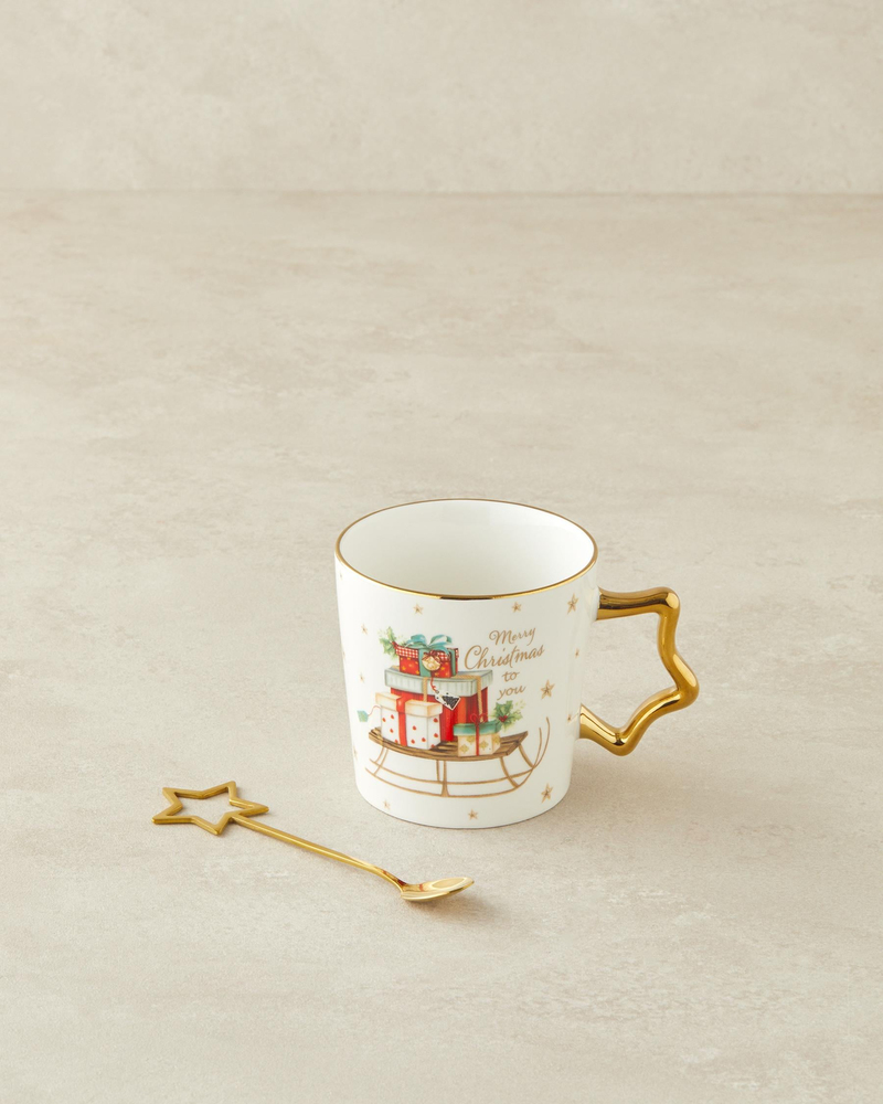 Presents New Bone China Kaşıklı Kupa 360 ml Kırmızı - Yeşil