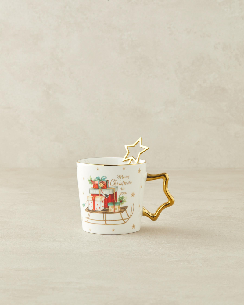 Presents New Bone China Kaşıklı Kupa 360 ml Kırmızı - Yeşil