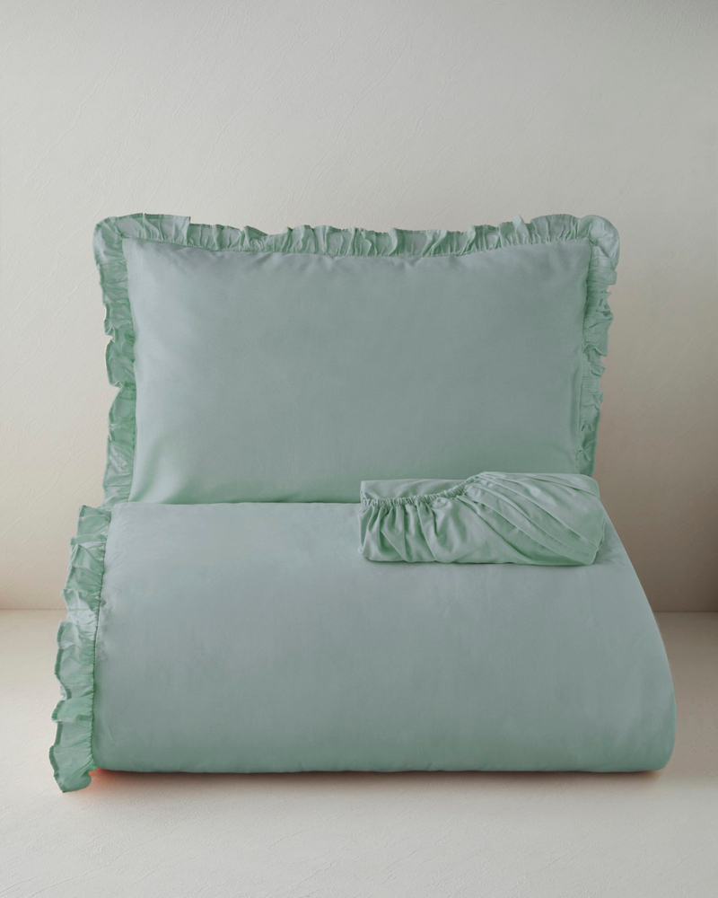 Pure Fırfırlı Pamuk King Size Çarşaflı Nevresim Takımı 240x220 cm Yeşil
