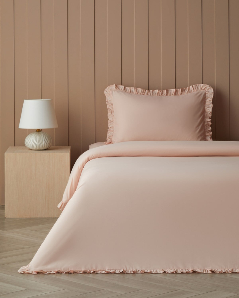 Pure Fırfırlı Pamuk Tek Kişilik Çarşaflı Nevresim Takımı 160x220 cm Somon
