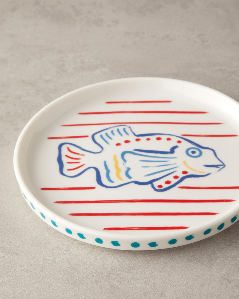 Red Fish Bone Porselen Pasta Tabağı 21 cm Kırmızı - Mavi