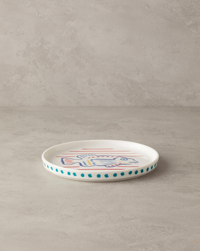 Red Fish Bone Porselen Pasta Tabağı 21 cm Kırmızı - Mavi