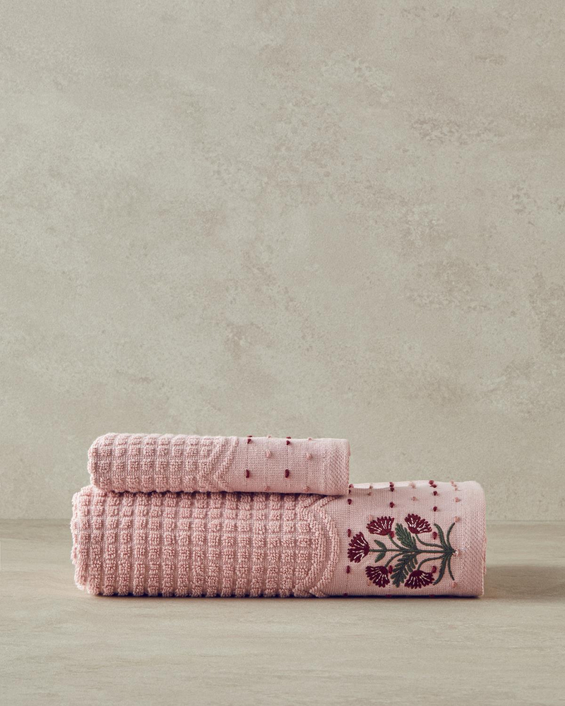 Retro Bloom Pamuklu Nakışlı Yüz Havlusu 50x80 cm Pembe
