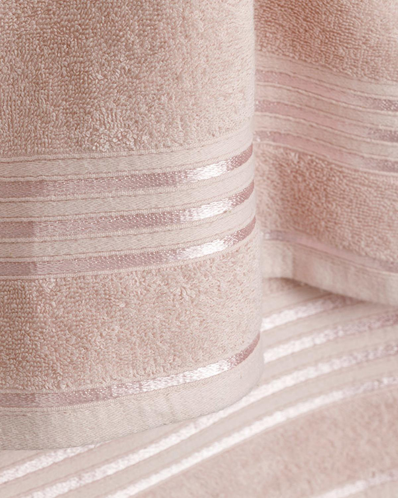 Romantic Stripe Pamuklu Floşlu Banyo Havlusu Takımı Pudra