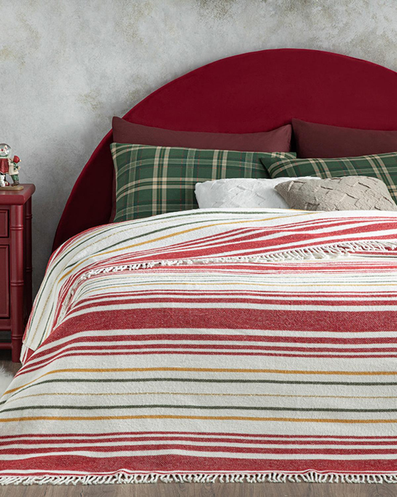 Royal Stripe Simli Pamuklu King Size Battaniye 220x240 cm Kırmızı - Yeşil