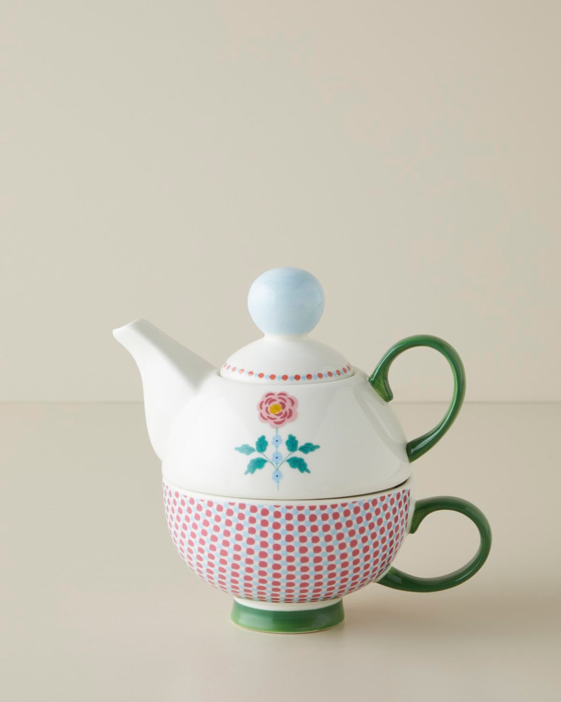 Rustic Florals New Bone China Demlik Seti 380 – 260 ml Mavi - Pembe