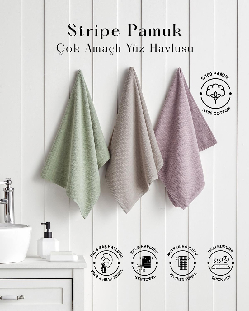 Stripe Pamuk Yüz Havlusu 50x70 cm Koyu Bej