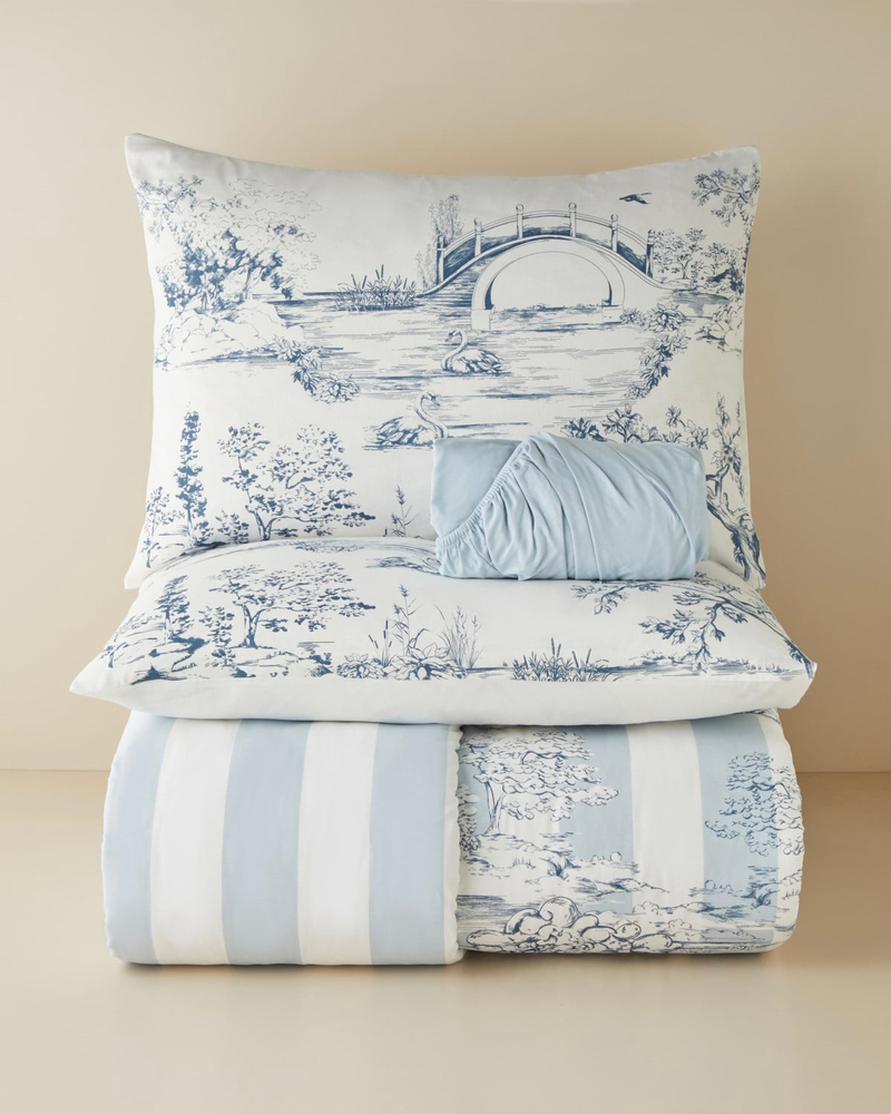 Striped Jouy Pamuk Çift Kişilik Nevresim Takımı 200x220 cm Mavi