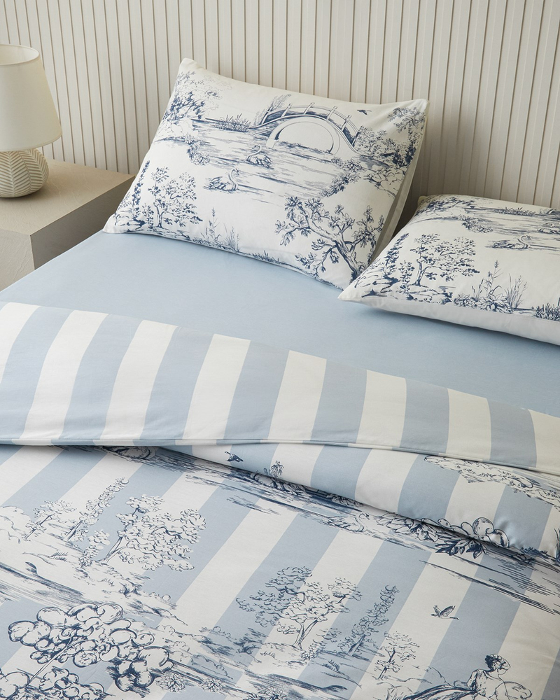 Striped Jouy Pamuk Tek Kişilik Nevresim Takımı 160x220 cm Mavi