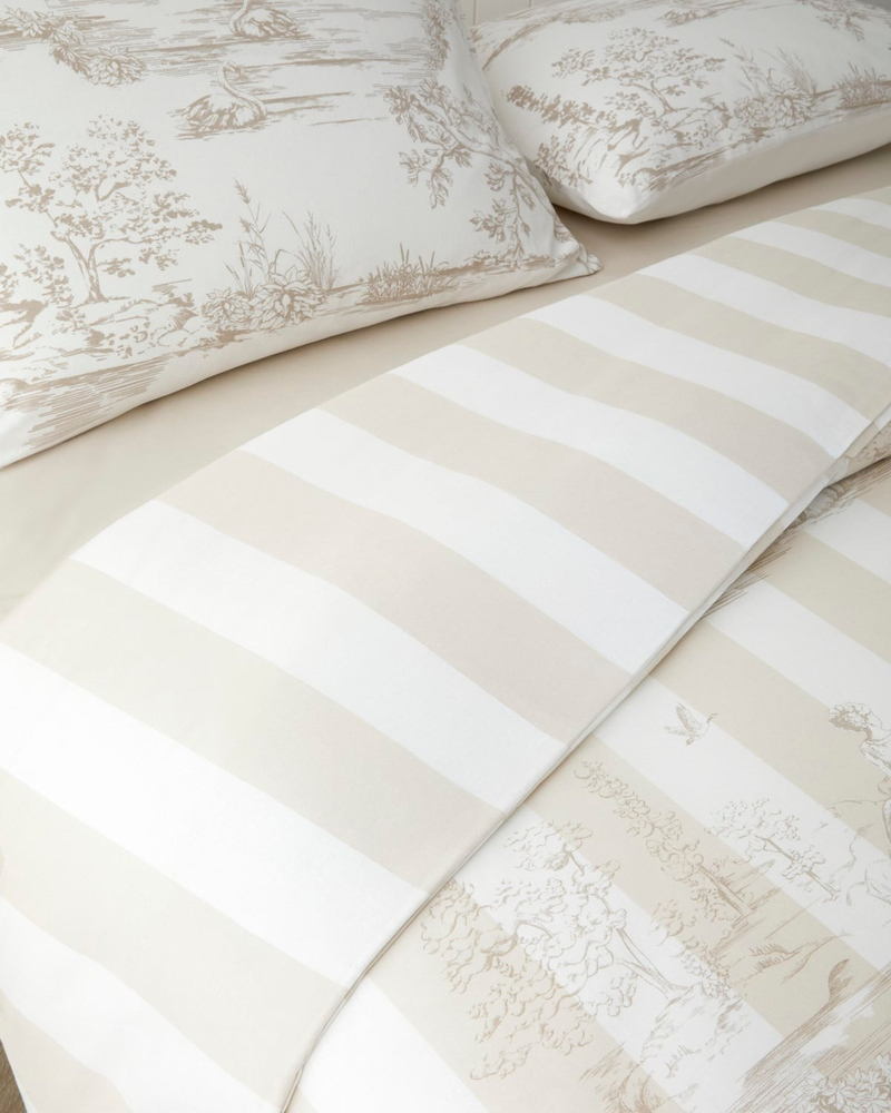 Striped Jouy Pamuk Tek Kişilik Nevresim Takımı 160x220 cm Krem - Kahve