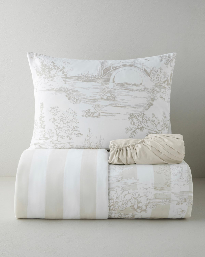 Striped Jouy Pamuk Tek Kişilik Nevresim Takımı 160x220 cm Krem - Kahve