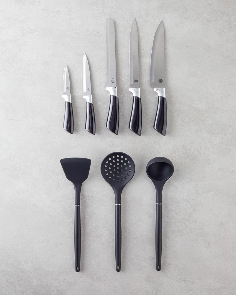 Strong Cut Silikon, Paslanmaz Çelik 9 Parça Servis Gereci Bıçak Seti 19x11x22 cm Siyah