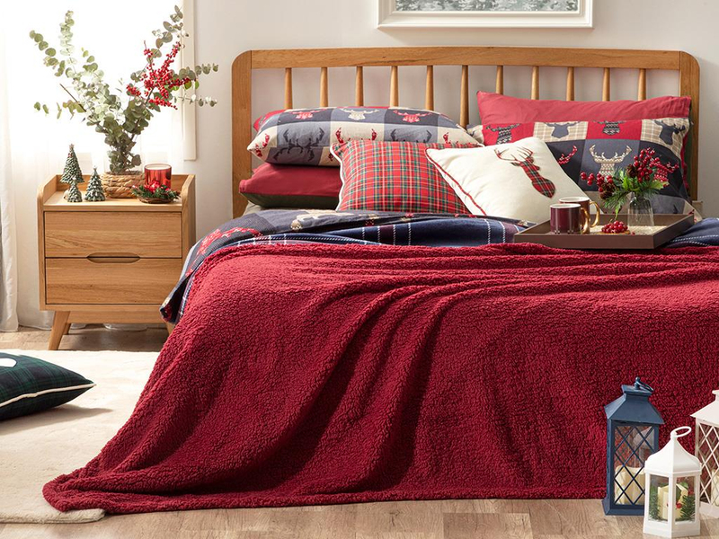 Tartan Sherpa Çift Kişilik Battaniye Lacivert-Bordo