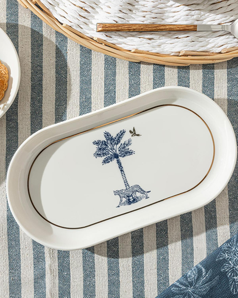 Toile Panther Bone Porselen Kayık Tabak 20 cm Koyu Mavi-Beyaz