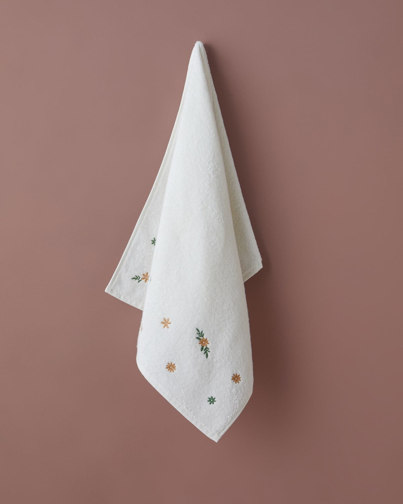 Wild Flower Pamuk Nakışlı Yüz Havlusu 50x90 cm Beyaz - Sarı