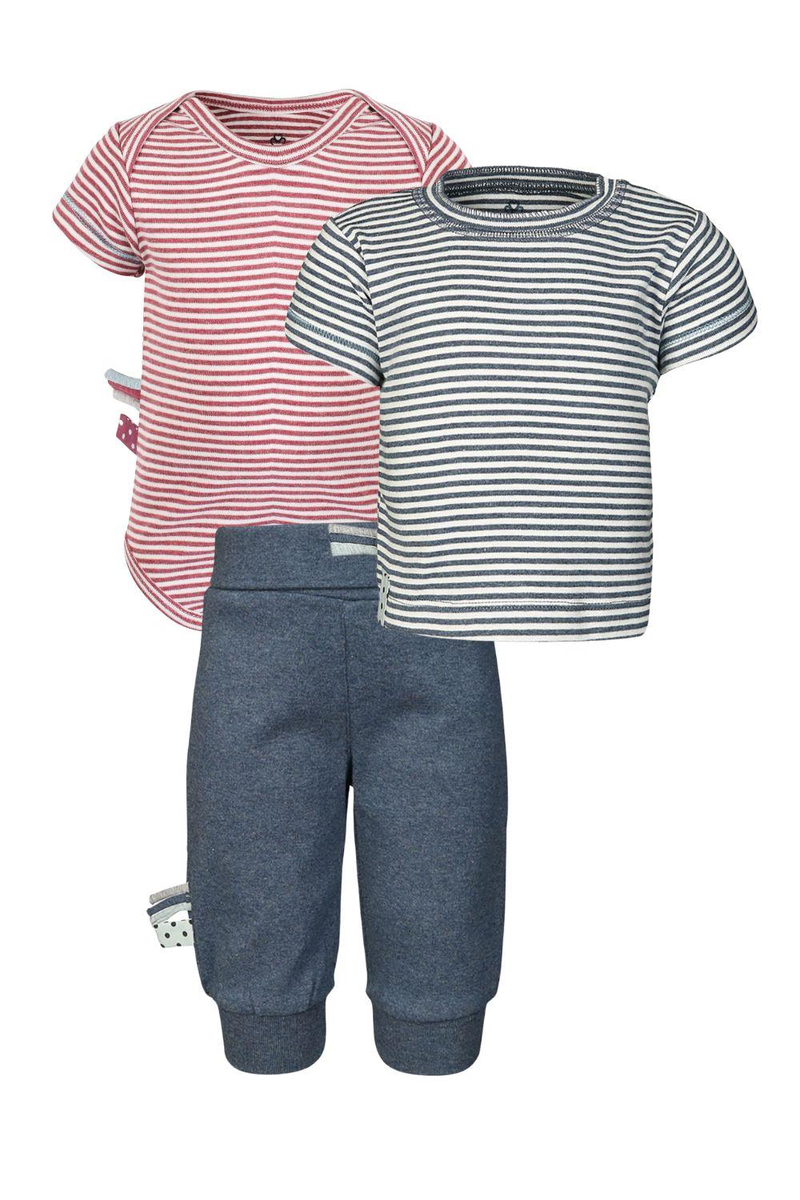 OrganicEra Organik Beli Katlamalı Pantolon & Kısa Kollu Body & T-shirt  3'lu Set , Indigo Melanj