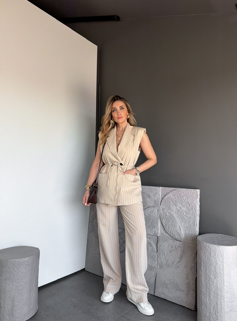 Bej Çizgili Premium Takım