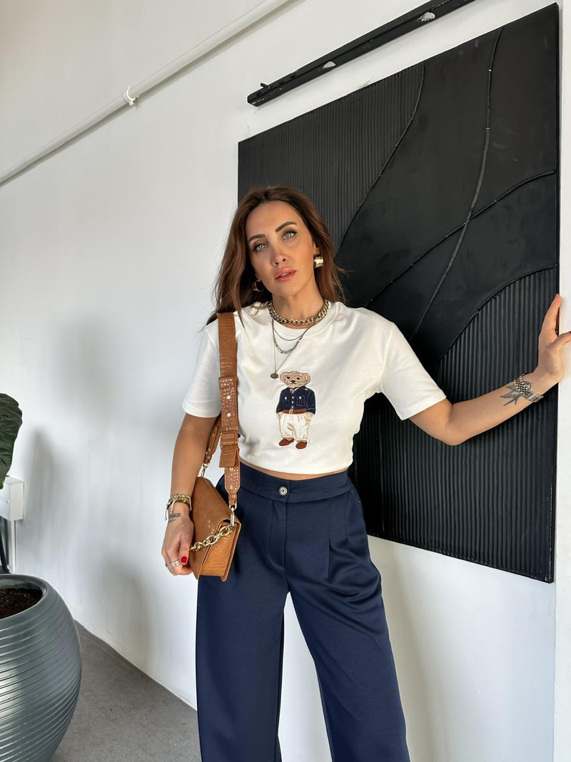 Beyaz Ayıcık Figürlü Cotton Tshirt
