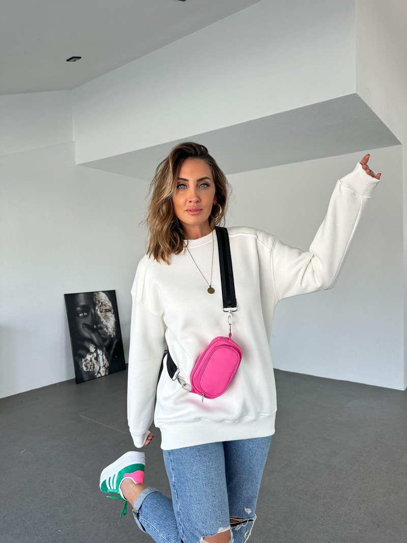 Beyaz Basic Bisiklet Yaka Sweatshirt