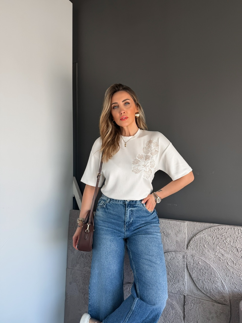 Beyaz Boru Boncuklu Marka Model Tshirt