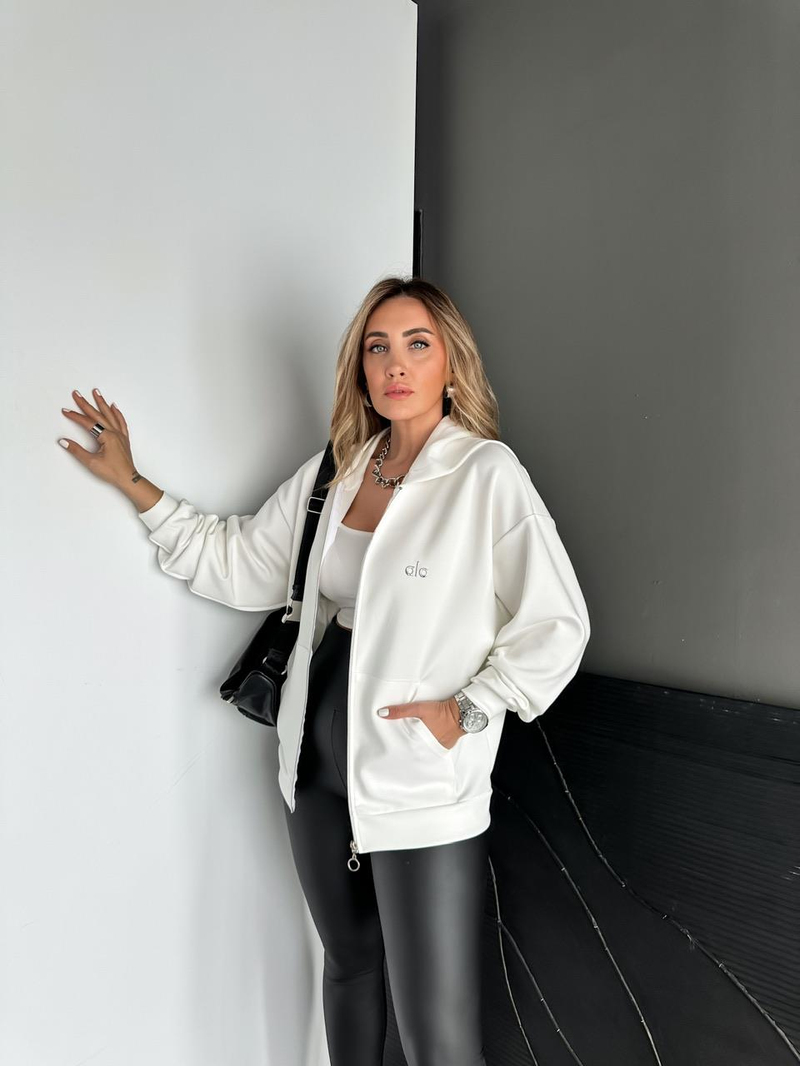 Beyaz Fermuarlı Kapşonlu Alo Sweatshirt