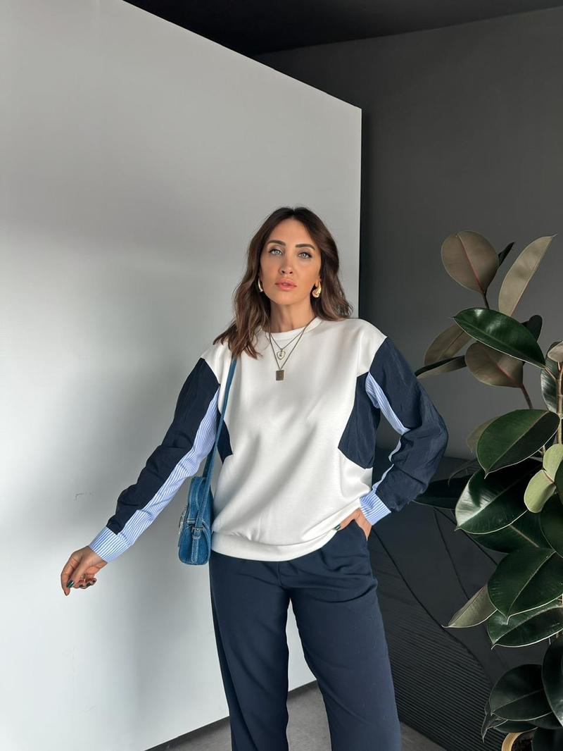 Beyaz Gömlek Ve Paraşüt Detaylı Sweatshirt