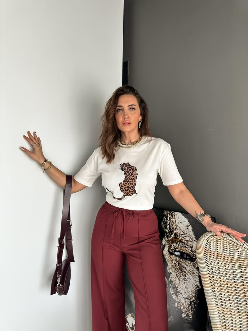 Beyaz Leopar Figürlü Cotton Tshirt