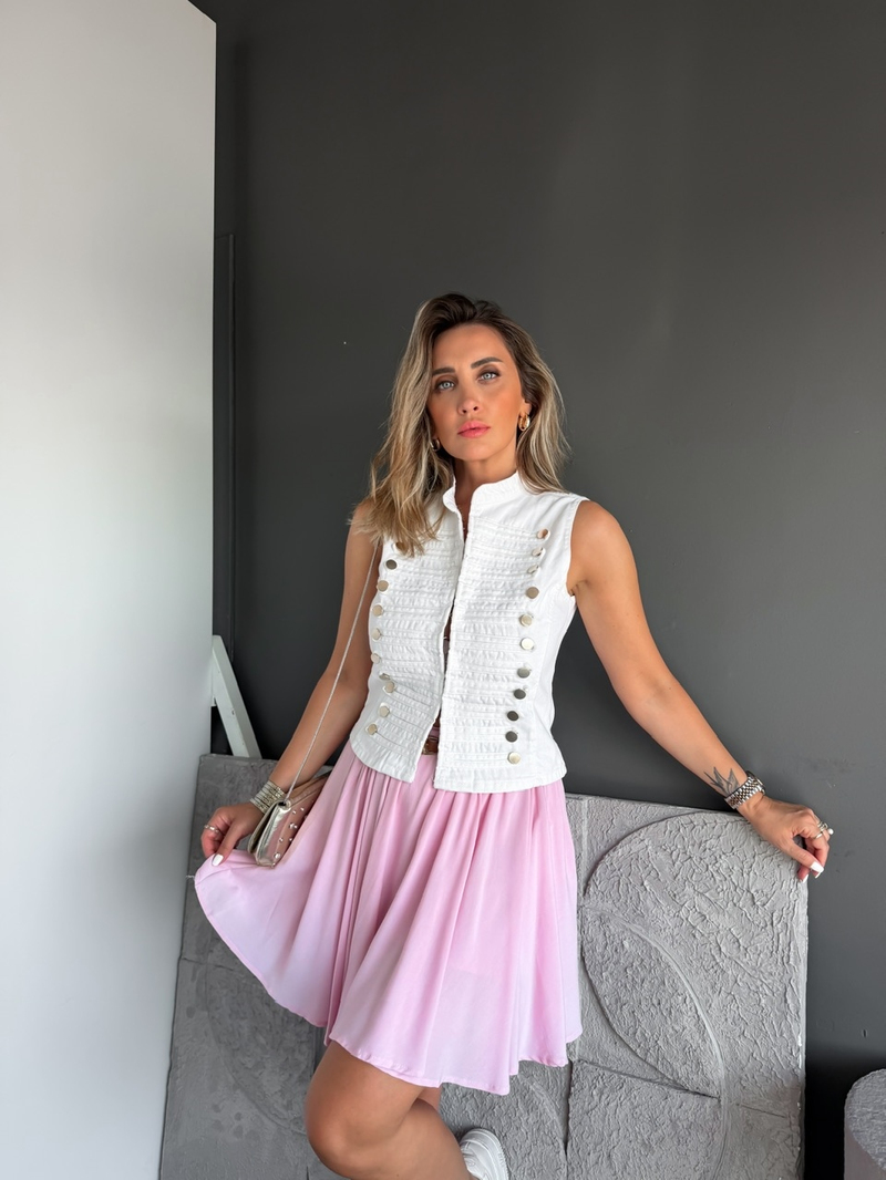 Beyaz Napolyon Düğmeli Kot Yelek
