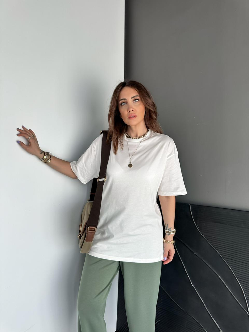 Beyaz Uzun Basic Cotton Tshirt
