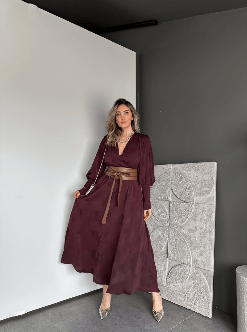 Bordo Beli Deri Kemerli Şifon Elbise